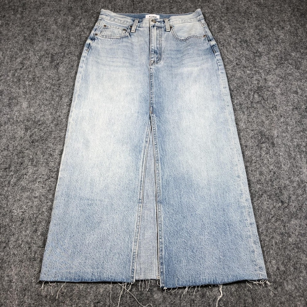 Pistola Denim Maxi Skirt Womens 27 Blue High Rise Front Slit Raw Hem Stretch